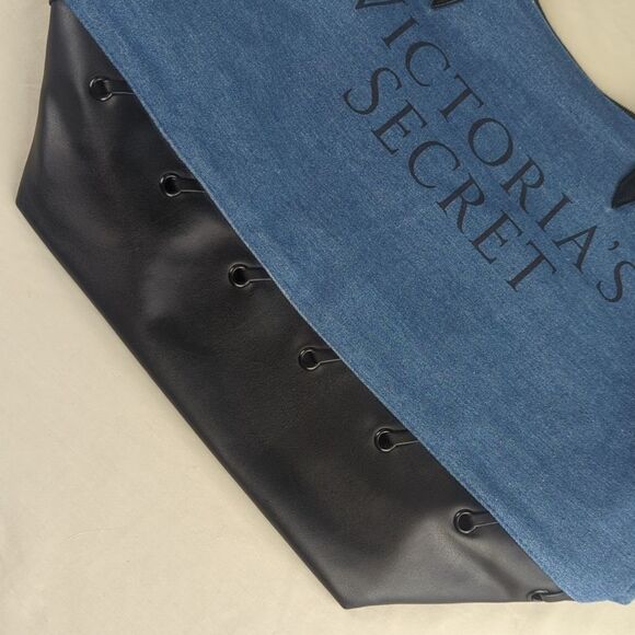 Victoria's Secret Blue & Black Denim & PU Lightweight Tote Bag - Picture 8 of 12